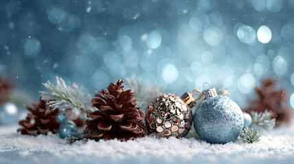 Winter Christmas Ornaments with Pine Cones and Snow on Blue Bokeh Background