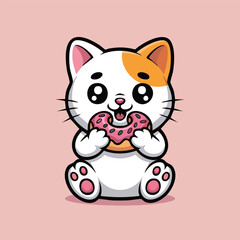 Cute Cat Eating Donut Cartoon Illustration