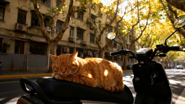 An orange tabby cat peacefully naps on the black seat of a parked scooter in a sunny urban street lined with trees. - Powered by Adobe