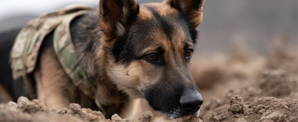 Military dog hunting for bombs during a ground search mission