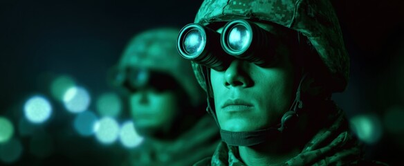 Obraz premium Military personnel wearing night vision scopes for late-night missions and activities