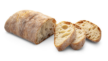 Rustic Italian ciabatta bread loaf with crispy crust and airy crumb, partially sliced and isolated on a white background. Fresh artisan bakery product with natural texture.
