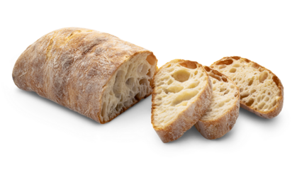 Rustic Italian ciabatta bread loaf with crispy crust and airy crumb, partially sliced and isolated on a white background. Fresh artisan bakery product with natural texture.