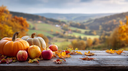 Autumn Harvest Pumpkins and Apples on Rustic Wooden Table with Fall Landscape