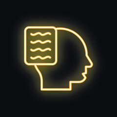 Yellow neon sign representing the concept of thinking with a human head and a document