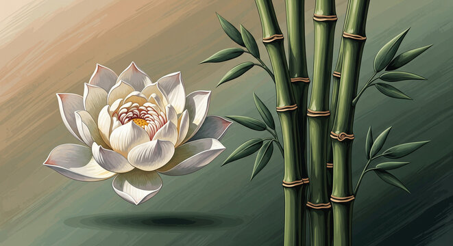 White lotus and bamboo stalks vector botanical 3D oil art painting, 3D relief wallpaper for mural wall art, canvas print, wall decor painting design