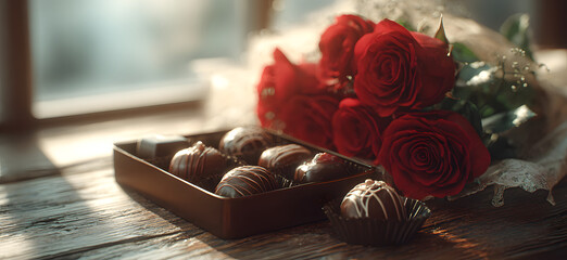 A box of chocolates sits on a table next to a bouquet of red roses. The chocolates are arranged in a way that they look like they are ready to be eaten. The roses add a romantic touch to the scene