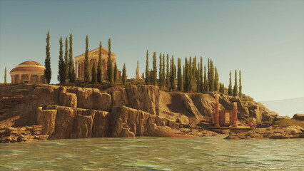 The remains of a Roman temple are visible on a rocky shore, framed by tall, green cypress trees under a clear sky, inviting exploration and reflection on ancient history.