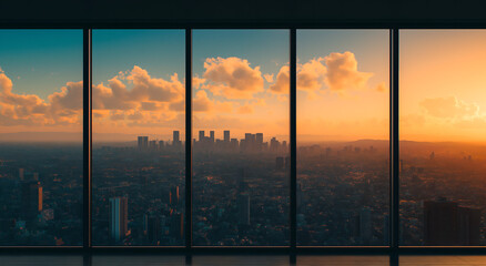 At sunset, you can enjoy a panoramic view of the city from an open modern office window - through the glass window, you can see the entire Los Angeles skyline.