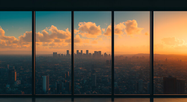 At sunset, you can enjoy a panoramic view of the city from an open modern office window - through the glass window, you can see the entire Los Angeles skyline.