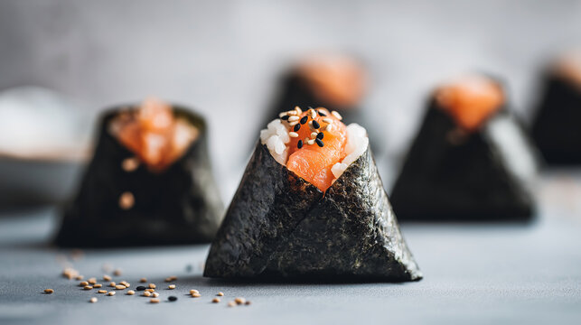 Japanese onigiri rice balls wrapped with nori sheets, filled with salmon flakes, sesame seeds on top