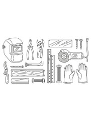 Collection of construction and metalworking tools and safety gear