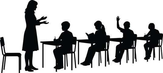 Teacher classroom silhouettes, education lesson with students raising hands, school learning concept, black shadow illustration teaching child study knowledge training