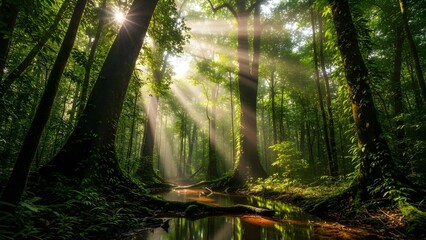 Sunbeams piercing through a lush, mossy rainforest canopy
