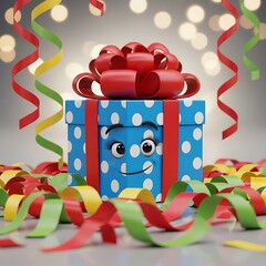 Cheerful cartoon gift box with a smiling face surrounded by colorful party decorations