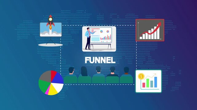 Sales funnel business analysis presentation motion video mapping customer journeys, conversion stages, and revenue optimization.