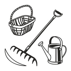 Black and white set of garden tools and basket farming tools