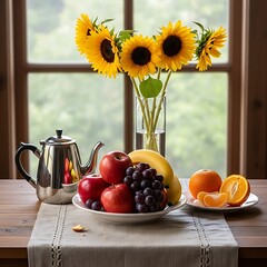 A still life composition featuring sunflowers, fresh fruit, and a shiny teapot on a table by a window