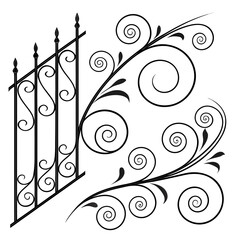 Black abstract floral scrollwork and fence elements
