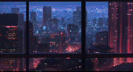 Looking out from the window of an office skyscraper, what catches the eye is the city scenery in the darkness of night. Skyscrapers, neon lights, and red and blue colors interweave with each other