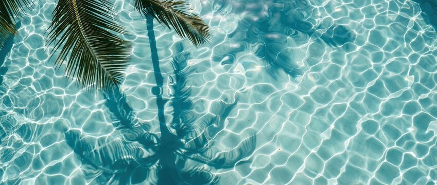 The crystal clear turquoise pool water glistens, its surface reflecting a sun-dappled oasis. The shadow of a tropical palm tree adds a touch of exotic flair.