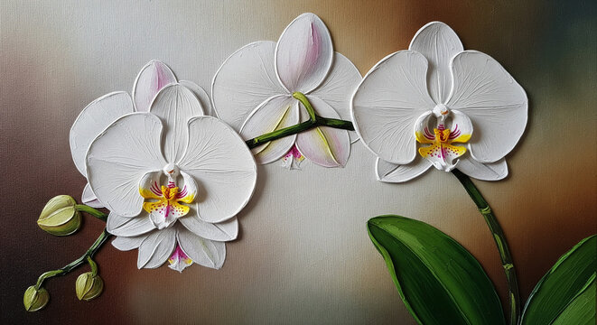 Elegant white Phalaenopsis orchid branch 3D oil art painting, 3D relief wallpaper for mural wall art, canvas print, wall decor painting design