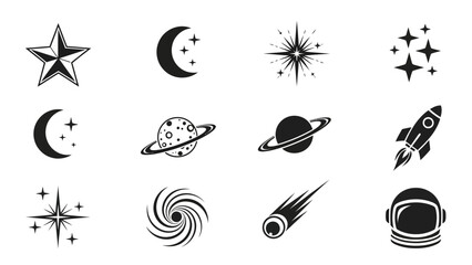 Collection of space and celestial body icons in a minimalist black and white design © Onthe