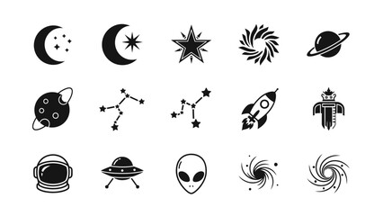 Collection of space and astronomy themed icons and symbols representing exploration and the cosmos © Onthe