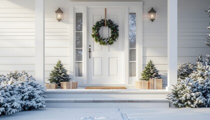 Festive Christmas Wreath and Snowy Trees Adorn a Welcoming Front Door.