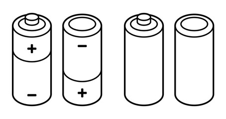 Alkaline AA batteries set, black and white line art. Simple cartoon style icon. Isolated vector clipart illustration.
