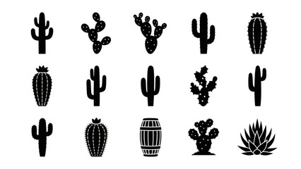 Collection of stylized black cactus icons representing desert flora and western themes © Onthe