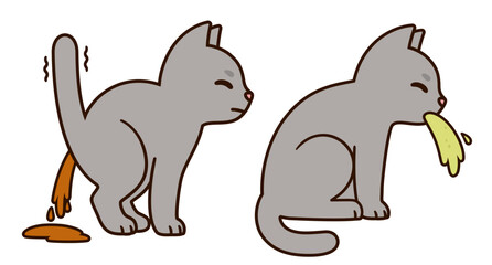 Sick cat vomiting and having diarrhea, symptoms of food poisoning and intoxication in cats. Veterinary health illustration, cartoon drawing.
