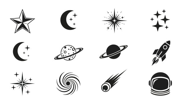 Collection of space and celestial body icons in a minimalist black and white design
