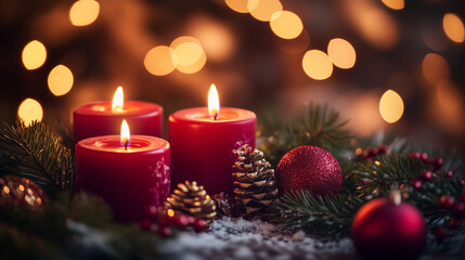 Cozy holiday background with red candles, pine branches, baubles.