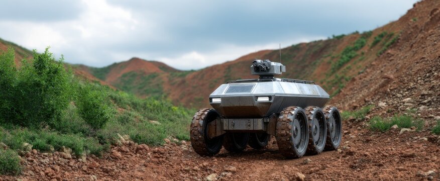 The unmanned ground vehicle explores rough land for scouting and info gathering.