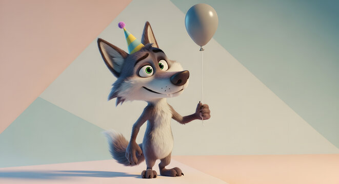 Cute cartoon wolf with party hat holding a balloon in pastel setting