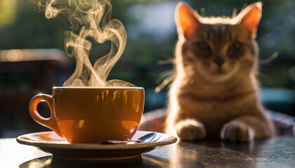 Steaming coffee cup with heart shaped steam in sharp focus, blurred cat in background, warm sunlight, cozy morning atmosphere, relaxed and romantic mood