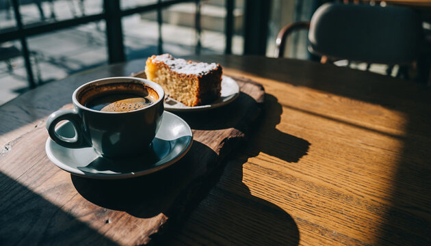 Coffee cup slice of cake rustic wooden board sunlight cozy atmosphere empty space morning dessert cafe relaxation. cup of coffee and slice of cake rest rustic wooden board warm sunlight creating
