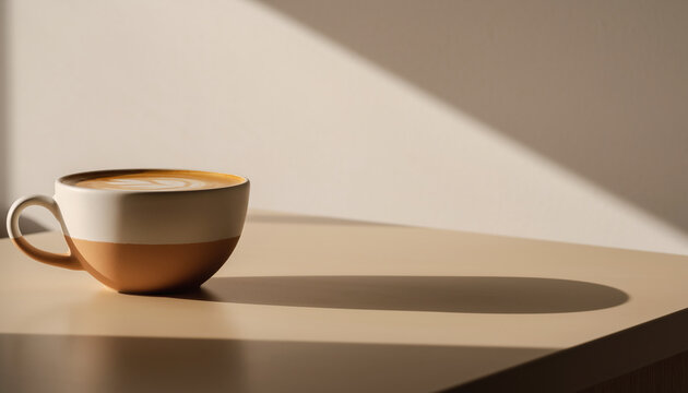 Minimalist coffee cup with latte art sits on beige table, large negative space above, soft sunlight casting shadow, calm and cozy atmosphere, perfect for product display