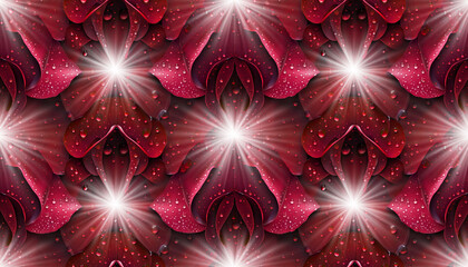 Red rose petal texture with jewel tone ruby shading glowing light burst water droplets seamless pattern high resolution vibrant abstract emotional decorative