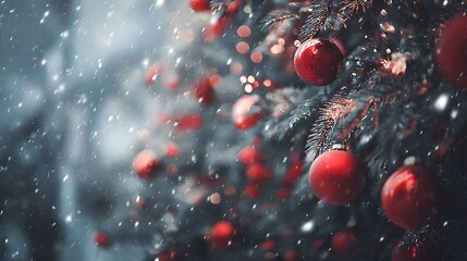 Vibrant red-ornamented Christmas tree close-up against creamy green bokeh, rich festive palette, professional color grading, ultra-sharp macro detail