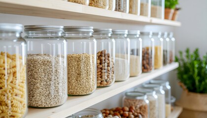 Neatly organized pantry with glass jars filled with various grains and pasta.
