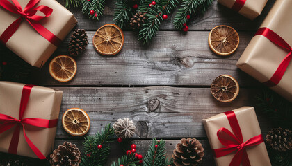 Flat lay of Christmas gifts wrapped in brown paper with red ribbons surrounded by pinecones holly and dried orange slices on a rustic wooden background with a warm cozy mood.