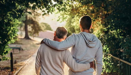 Senior man and adult son walking together arm in arm on sunlit path, surrounded by green trees, sharing warm, joyful moment outdoors in nature