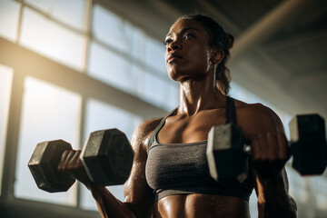 Fototapeta premium Black female bodybuilder doing controlled dumbbell shoulder presses in a bright modern gym. Powerful, confident strength training moment.
