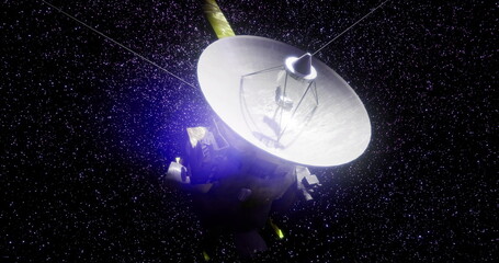 The Cassini spacecraft conducts research in the outer solar system, capturing data on Saturn and its rings amidst a backdrop of stars. © icetray