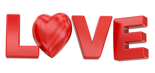 Shiny Red 3D Lettering Spells 'L VE' with a Glossy Heart Icon Replacing the Letter O, Isolated on White.