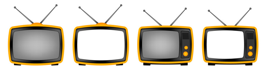 Yellow retro TV with antenna. Vintage television set. Old device. Transparent mockup of a screen	
