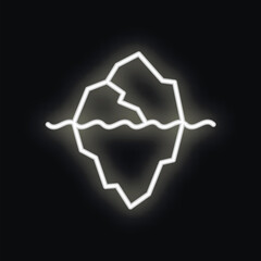 White neon iceberg floating on water surface with hidden part below, simple iceberg icon