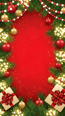 Obraz premium Brightly colored glass Christmas ornament balls and gold ribbon decorations on a green holiday tree